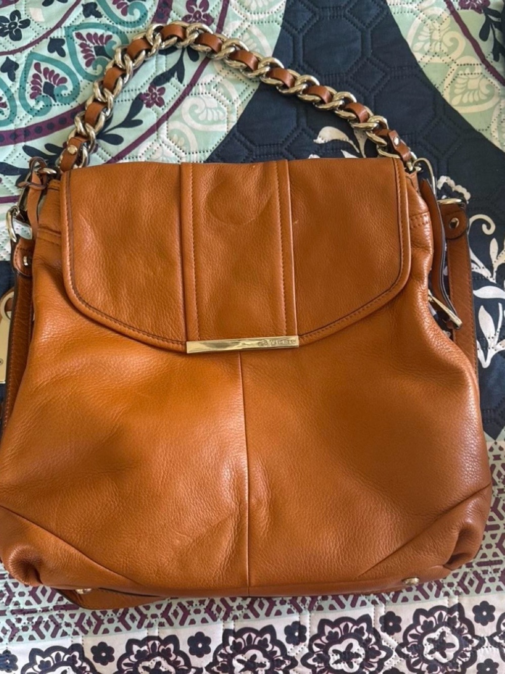 B. Makowski Tan Leather Shoulder Bag with Chain-Accent Handle